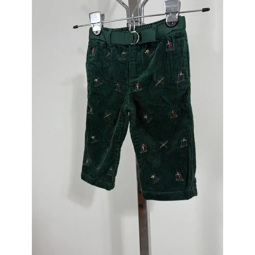 Ralph Lauren Baby 12M Green Corduroy Ski Skier Embroidered Pants Belted Unisex